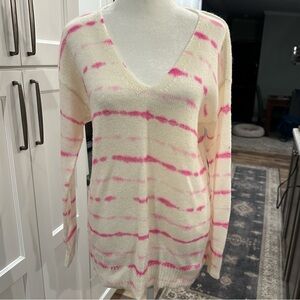 Jennifer Lopez Pink Tie Dyed Striped V-Neck Open Knit Pullover Tunic Sweater M